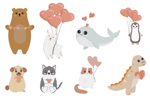 Cute funny animals with hearts in boho style. Happy Valentines day. Isolated objects on white background. vector
