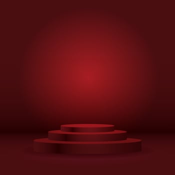 3D rendering of 3 steps platform for product display, exhibition stand on red background. Podium stage of three steps. Vector illustration