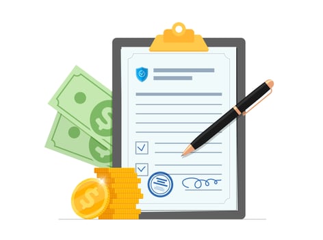 Money insurance protection guarantees document. Bank deposit wealth care. Cash investment secure. Currency safety warranty policy. Banking coverage savings trust concept. Financial contract. Vector