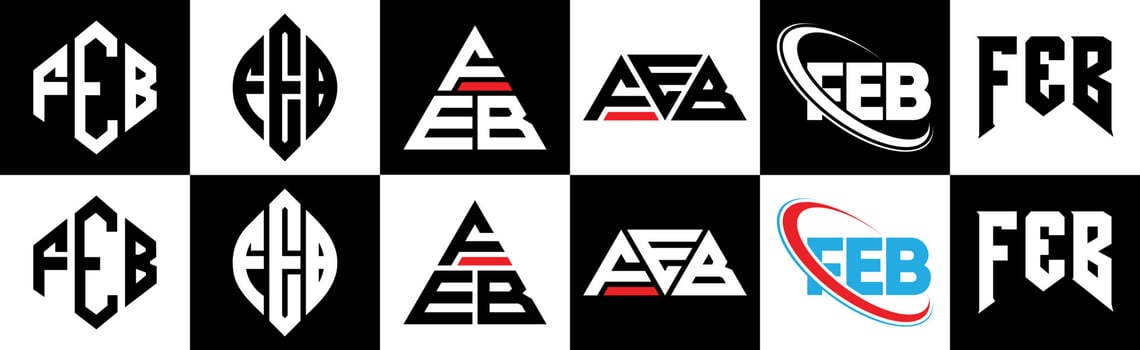 FEB letter logo design in six style. FEB polygon, circle, triangle, hexagon, flat and simple style with black and white color variation letter logo set in one artboard. FEB minimalist and classic logo vector