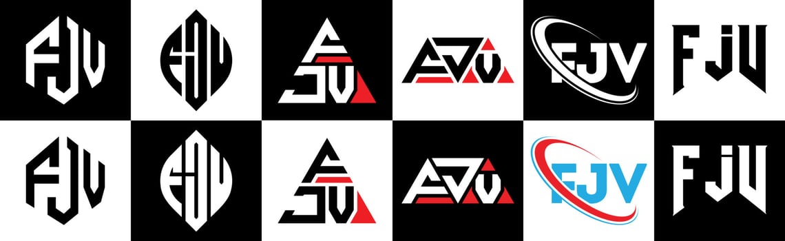 FJV letter logo design in six style. FJV polygon, circle, triangle, hexagon, flat and simple style with black and white color variation letter logo set in one artboard. FJV minimalist and classic logo vector