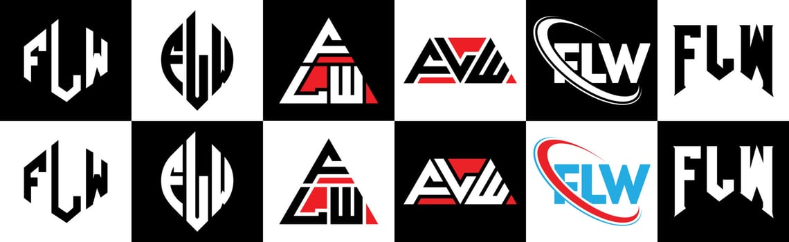 FLW letter logo design in six style. FLW polygon, circle, triangle, hexagon, flat and simple style with black and white color variation letter logo set in one artboard. FLW minimalist and classic logo vector