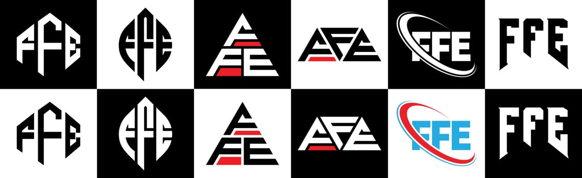 FFE letter logo design in six style. FFE polygon, circle, triangle, hexagon, flat and simple style with black and white color variation letter logo set in one artboard. FFE minimalist and classic logo vector