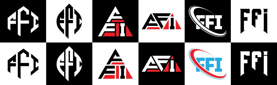 FFI letter logo design in six style. FFI polygon, circle, triangle, hexagon, flat and simple style with black and white color variation letter logo set in one artboard. FFI minimalist and classic logo vector