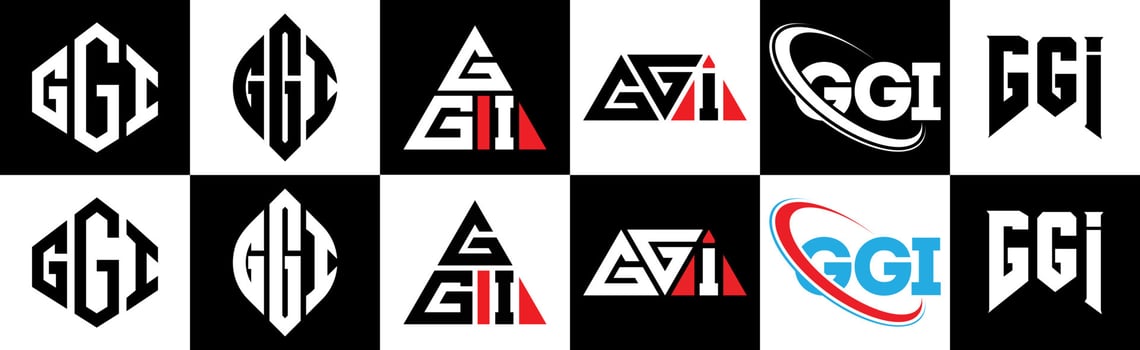 GGI letter logo design in six style. GGI polygon, circle, triangle, hexagon, flat and simple style with black and white color variation letter logo set in one artboard. GGI minimalist and classic logo vector