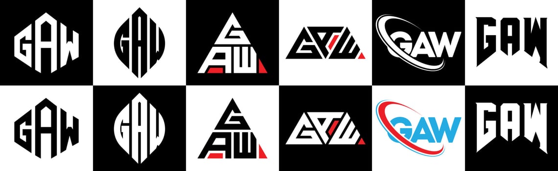 GAW letter logo design in six style. GAW polygon, circle, triangle, hexagon, flat and simple style with black and white color variation letter logo set in one artboard. GAW minimalist and classic logo vector