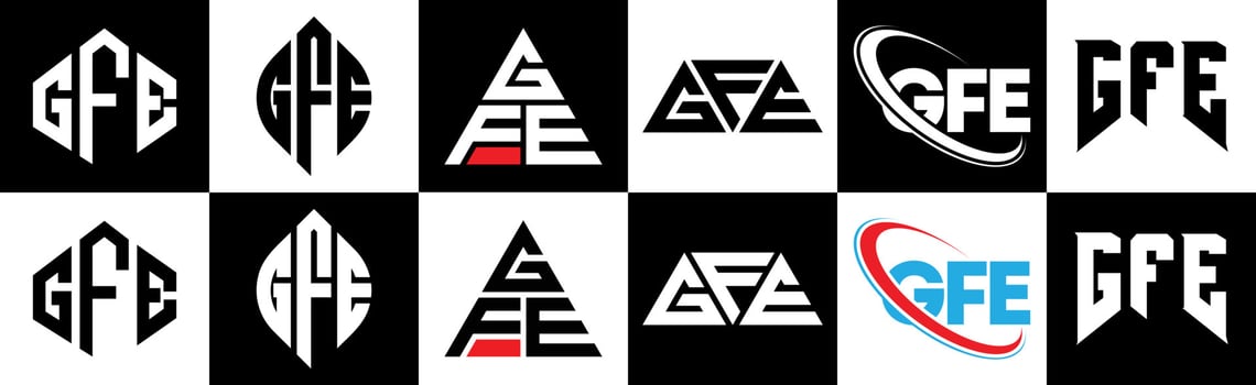 GFE letter logo design in six style. GFE polygon, circle, triangle, hexagon, flat and simple style with black and white color variation letter logo set in one artboard. GFE minimalist and classic logo vector