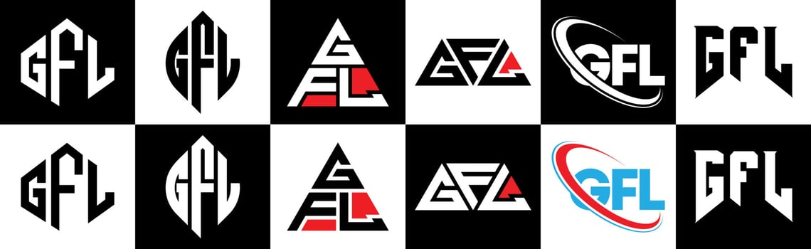 GFL letter logo design in six style. GFL polygon, circle, triangle, hexagon, flat and simple style with black and white color variation letter logo set in one artboard. GFL minimalist and classic logo vector