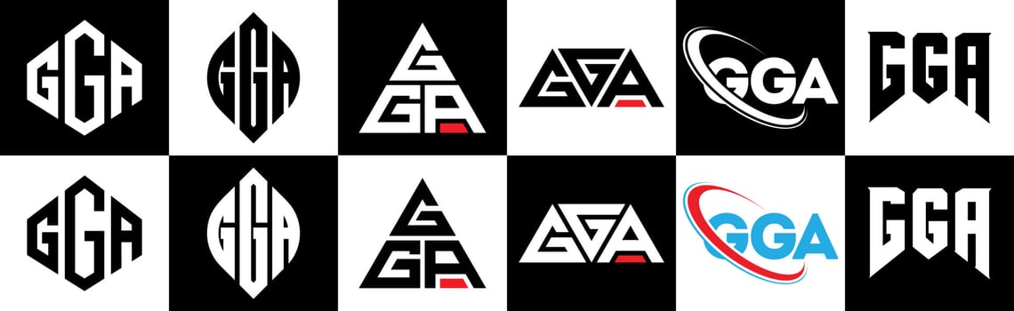 GGA letter logo design in six style. GGA polygon, circle, triangle, hexagon, flat and simple style with black and white color variation letter logo set in one artboard. GGA minimalist and classic logo vector