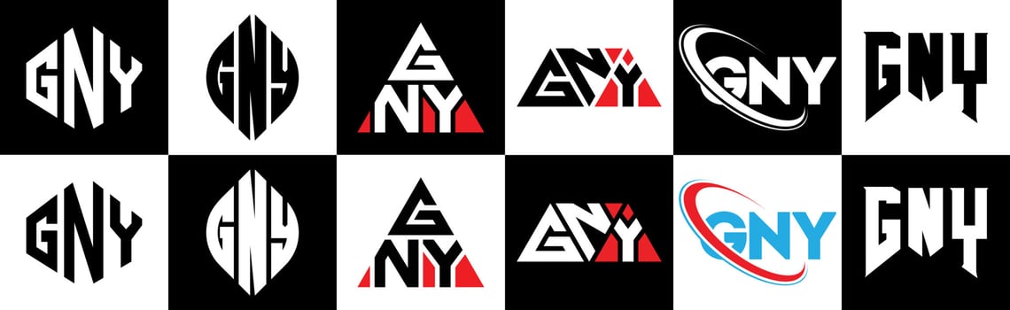 GNY letter logo design in six style. GNY polygon, circle, triangle, hexagon, flat and simple style with black and white color variation letter logo set in one artboard. GNY minimalist and classic logo vector