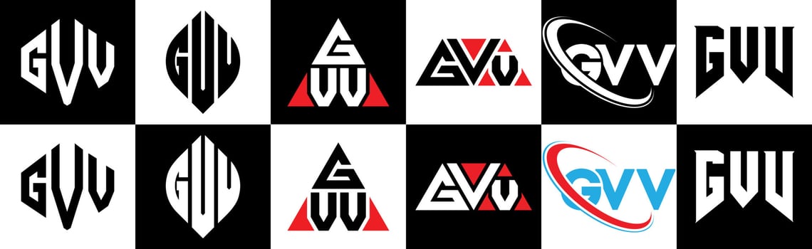 GVV letter logo design in six style. GVV polygon, circle, triangle, hexagon, flat and simple style with black and white color variation letter logo set in one artboard. GVV minimalist and classic logo vector