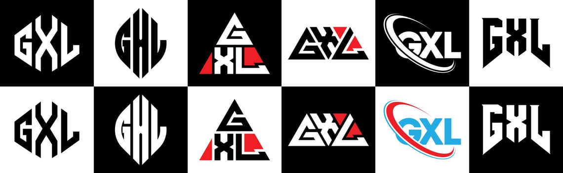 GXL letter logo design in six style. GXL polygon, circle, triangle, hexagon, flat and simple style with black and white color variation letter logo set in one artboard. GXL minimalist and classic logo vector