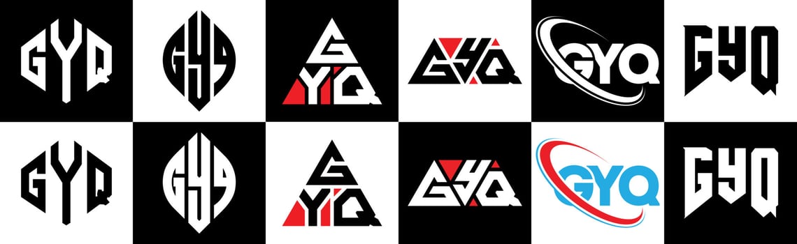 GYQ letter logo design in six style. GYQ polygon, circle, triangle, hexagon, flat and simple style with black and white color variation letter logo set in one artboard. GYQ minimalist and classic logo vector