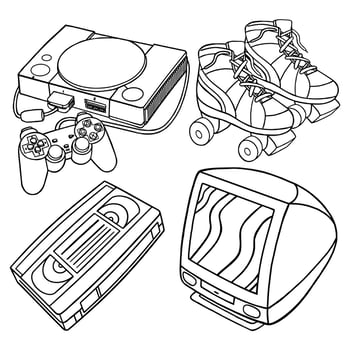 Set vector outline illustration of 90's vibes for coloring book
