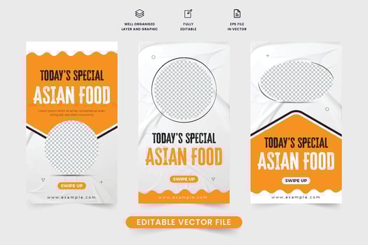 Asian food menu social media story vector with yellow and red colors. Modern business promotional poster design with photo placeholders for restaurants. Asian food media story template for marketing.