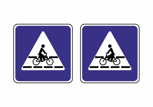 Traffic signs for cyclists set. Bicycle lane sign of the direction of movement. Sign indicating the rule. Route for pedal bikes square template. Vector illustration in flat style.