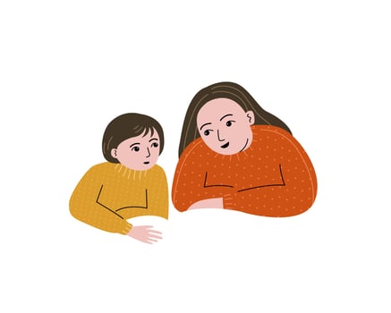 Flat vector of a young girl and mother talking and smiling together.