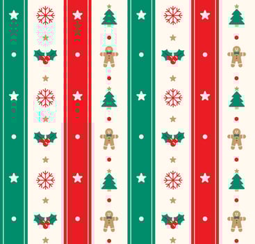Cute Merry Christmas Tree Red Green Holly Candy Cane Gingerbread Wreath Snowflake Man Vertical Line Stripe Striped Plaid Tartan Buffalo Scott Gingham Background Seamless Pattern vector