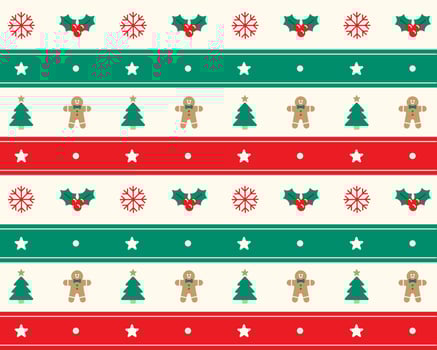 Cute Merry Christmas Tree Red Green Holly Candy Cane Gingerbread Wreath Snowflake Man Horizontal Line Stripe Striped Plaid Tartan Buffalo Scott Gingham Background Seamless Pattern vector