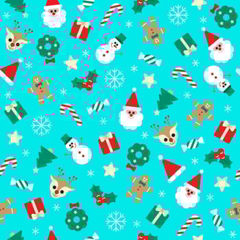 Cute Merry Christmas Santa Claus Holly Present Gift Box Snowflake Gingerbread Man Snowman Bell Confetti Element Ditsy Memphis Abstract Colorful Blue Seamless Pattern Background for Christmas Party vector