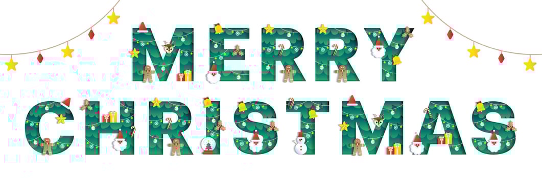 Merry Christmas Word Alphabet Font Cute Christmas Concept Mistletoe Bell Snowman Christmas Tree Character Font Christmas Element Cartoon Green 3D Paper Layer Cutout Card Vector Illustration