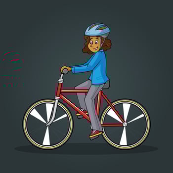 Young girl happy rides a bicycle in sportswear. The concept of outdoor activities in the city, cardio exercise, healthy lifestyle. Eco-friendly vehicle. Cartoon vector pro illustration