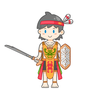 Cute Dayak Boy with mandau and shield png