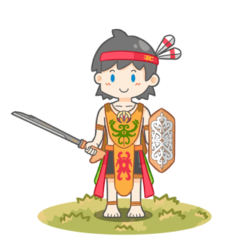 Cute Dayak Boy with shield and Mandau in the grass png