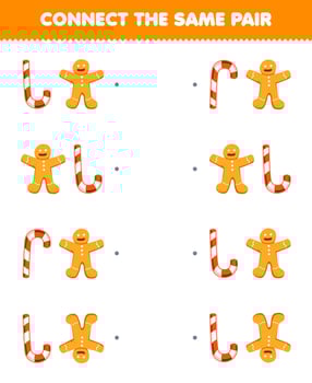 Education game for children connect the same picture of cute cartoon candy and gingerbread pair printable food worksheet vector