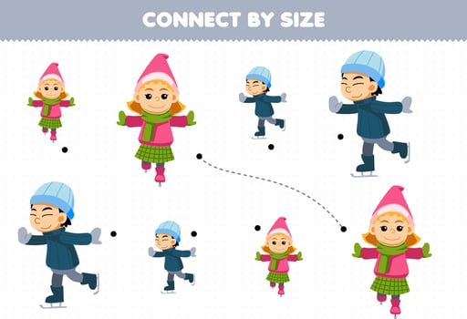 Educational game for kids connect by the size of cute cartoon boy and girl playing ice skating printable winter worksheet vector
