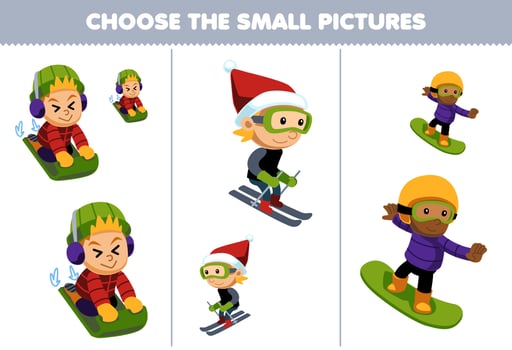 Education game for children choose the small picture of cute cartoon boy playing sled ski and snowboard printable winter worksheet vector