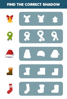 Education game for children find the correct shadow silhouette of cute cartoon bell scarf hat boot sock printable winter worksheet vector
