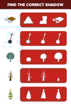 Education game for children find the correct shadow silhouette of cute cartoon sled shovel tree branch christmas tree printable winter worksheet vector