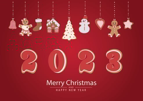 A Merry Christmas card. Gingerbread cookies in the form of a snowman, a Christmas tree and gingerbread men and various Christmas tree toys. Celebrating New Year and Christmas vector