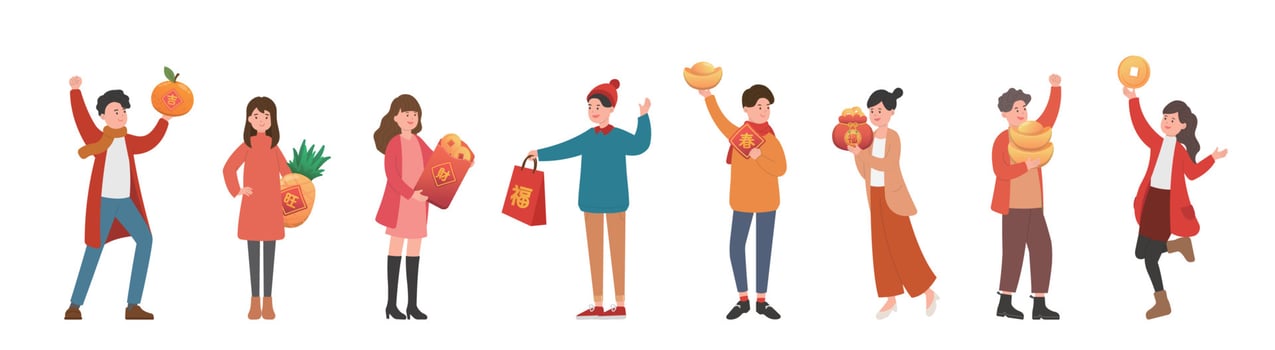 Set of male and female with Chinese New Year elements, orange and pineapple and wealth vector