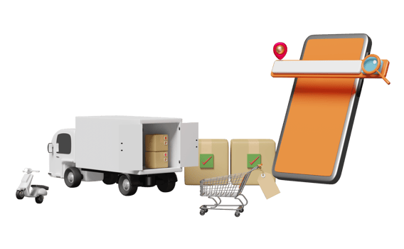 mobile phone, smartphone with search bar, magnifying, shopping cart, price tags, scooter, truck, pin isolated. Online delivery or online order tracking concept, 3d illustration or 3d render png