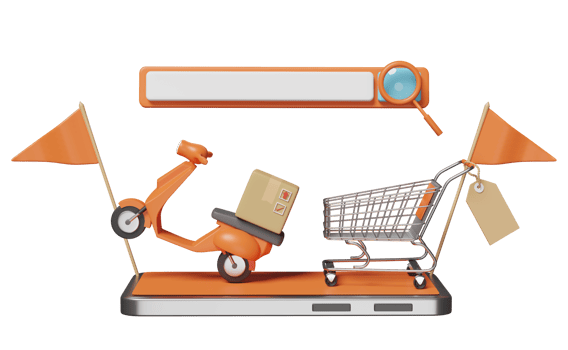 mobile phone, smartphone with search bar, magnifying, shopping cart, flag, price tags, scooter isolated. search engine, web browsing,online shopping concept, 3d illustration or 3d render png