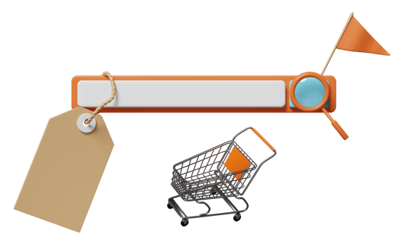 blank search orange bar with magnifying glass, shopping cart, flag, price tags isolated. minimal web search engine or web browsing, online shopping concept, 3d illustration or 3d render png