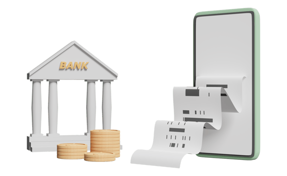 mobile phone, smartphone with coins, bank or tax office building, invoice, paper receipt, electronic bill payment isolated. saving money concept, 3d illustration, 3d render png