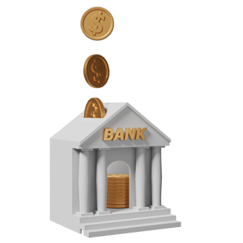 bank or tax office building with gold dollar coins isolated. bank financing, money exchange concept, 3d illustration or 3d render png