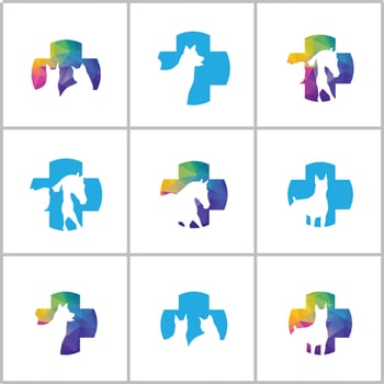 Lion logo design set, Colorful Wildlife animal vector icons, low poly lion in heart, home and star vector illustration.