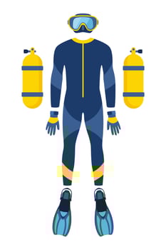 Diving equipment, set. Scuba diving, aqualung oxygen cylinders, diving costume, flippers, mask and tube. Vector illustration.