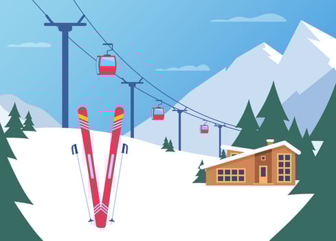 Ski resort. Winter mountain landscape with lodge, ski lift. Winter sports vacation banner. Vector illustration.