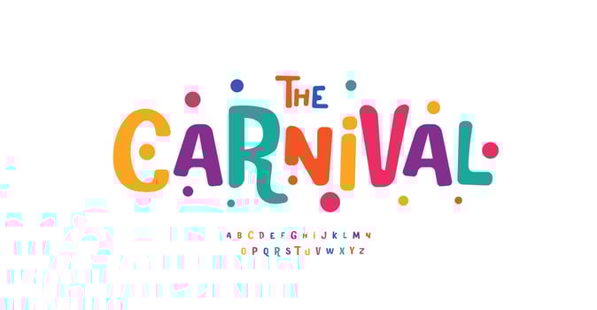 Carnival colorful alphabet, playful letters, funny festival font for bright fiesta logo, Mexican headline, birthday and greeting card typography, thank you phrases. Vector typographic design