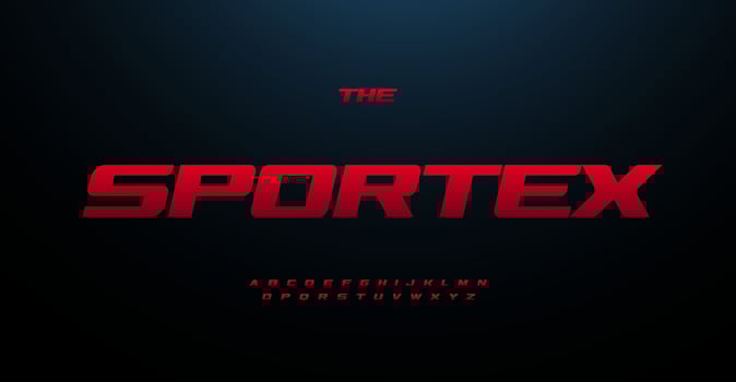 Wide italic bold font simple expanded alphabet extended letters. Red racing headline and automotive logo for sport, race, car service, esports, shirts, games, and speedy cinema. Vector typography.