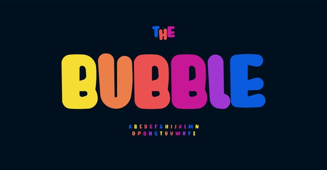 Bright rainbow color font, bold bubbles letters, cartoon colorful alphabet for toys logo, festive headline, childhood art, creative ABC kid birthday. Round fun comic typographic design. vector