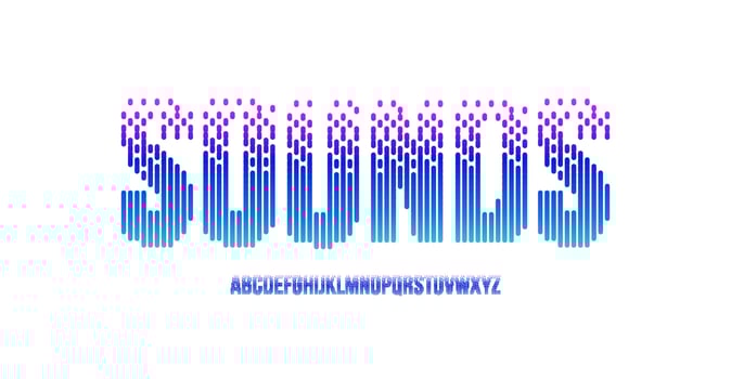 Sounds equalizer font alphabet letters. Modern logo typography. Audio wave typographic design. Voice frequency letter set for logo, headline, title, monogram, lettering. Isolated vector typeset.