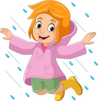 Cartoon little girl jumping wearing raincoat and boots in the rain vector