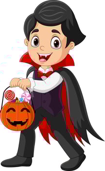 Cartoon vampire boy holding candy in a pumpkin basket vector