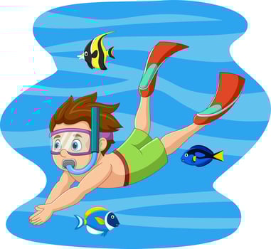 Cartoon little boy swimming and diving in underwater with tropical fish vector